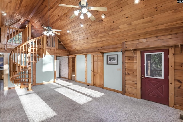 bonus room featuring high vaulted ceiling, wood ceiling, a ceiling fan, and carpet floors