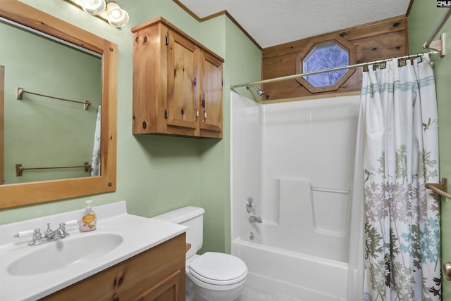 full bathroom with a textured ceiling, shower / bath combination with curtain, vanity, and toilet