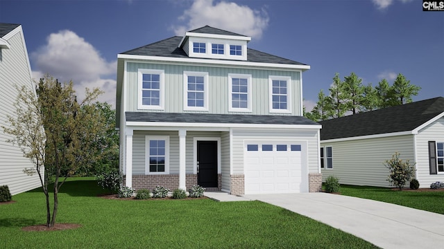 view of front of house with brick siding, board and batten siding, a front lawn, a garage, and driveway