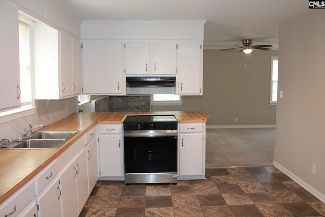 kitchen with under cabinet range hood, a healthy amount of sunlight, a sink, and electric stove