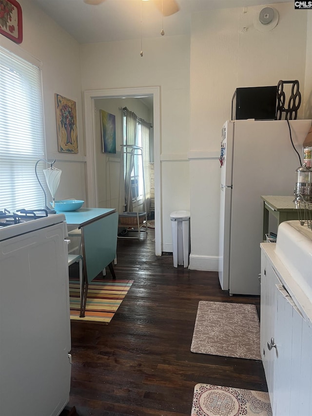 kitchen featuring stove, a healthy amount of sunlight, wood finished floors, and freestanding refrigerator