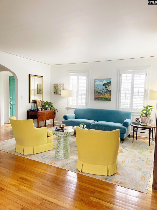 living area with arched walkways, a wealth of natural light, and wood finished floors