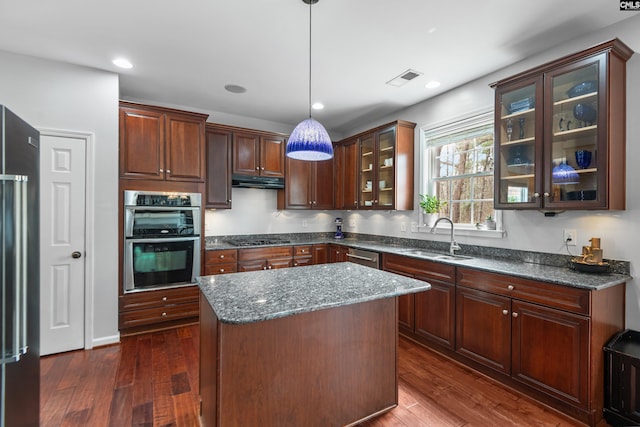 kitchen featuring dark wood-style flooring, a sink, under cabinet range hood, appliances with stainless steel finishes, and a center island