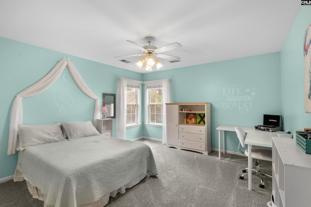 bedroom featuring a ceiling fan, carpet, visible vents, and baseboards