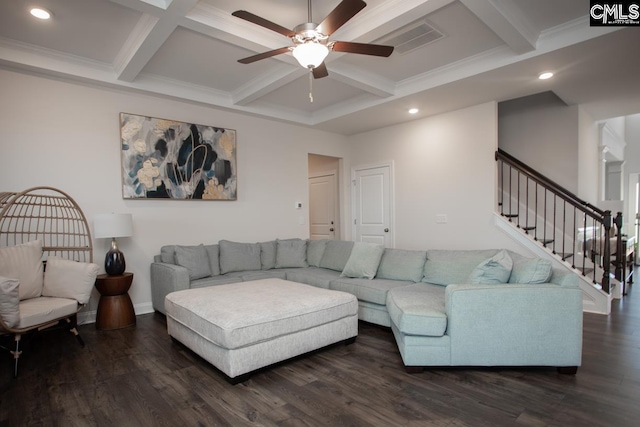 living room with beam ceiling, coffered ceiling, and dark wood-style flooring