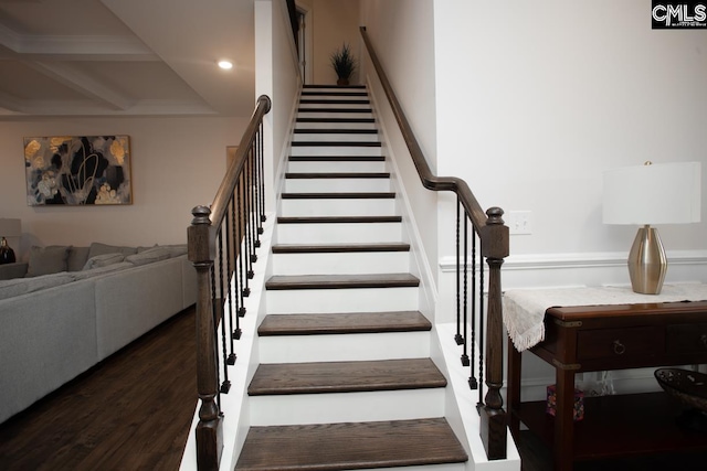 stairs featuring beam ceiling, recessed lighting, wood finished floors, and coffered ceiling