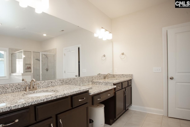 full bath featuring tile patterned floors, a shower stall, vanity, and baseboards