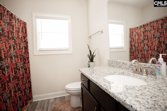 bathroom with vanity, toilet, wood finished floors, and baseboards