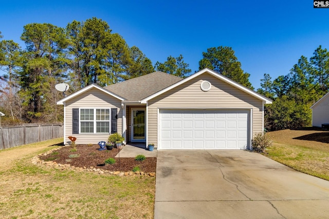 ranch-style home featuring fence, concrete driveway, a front yard, roof with shingles, and a garage