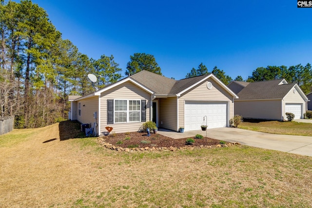 single story home featuring a front lawn, concrete driveway, and a garage