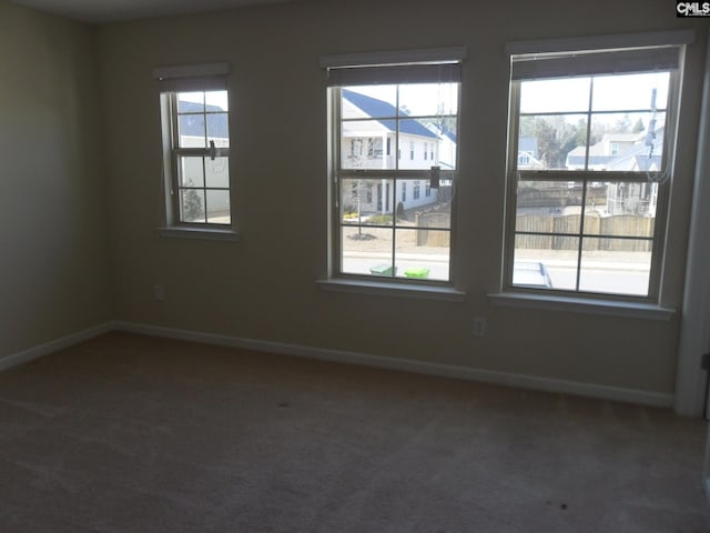 carpeted spare room with baseboards and plenty of natural light