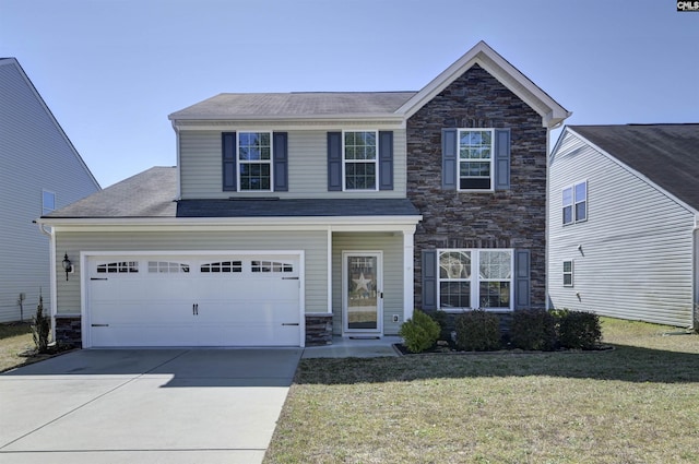 view of front of property with stone siding, driveway, a front yard, and a garage