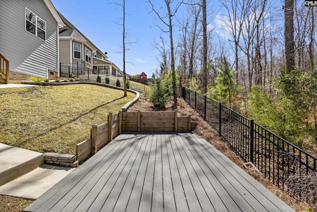 wooden terrace featuring a lawn and a fenced backyard