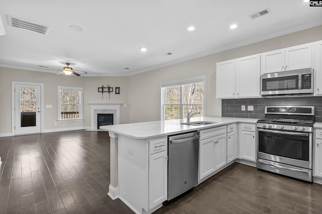 kitchen with a high end fireplace, visible vents, appliances with stainless steel finishes, and a sink