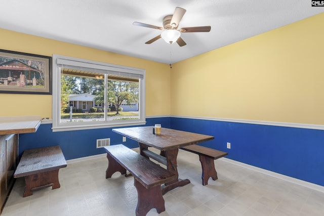 dining space with baseboards, visible vents, and ceiling fan