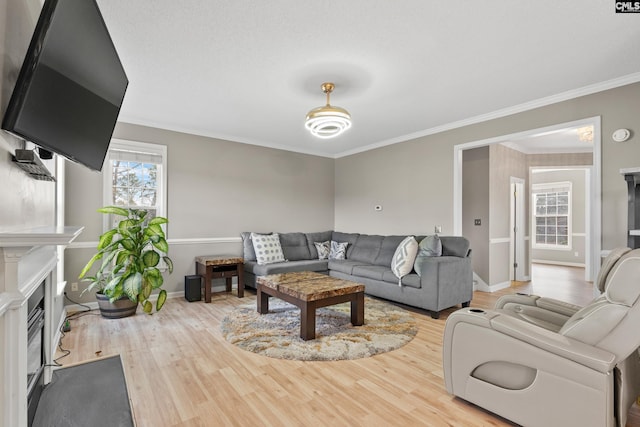 living room with baseboards, a fireplace with flush hearth, wood finished floors, and ornamental molding