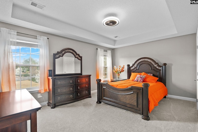 bedroom featuring a raised ceiling, carpet flooring, and visible vents