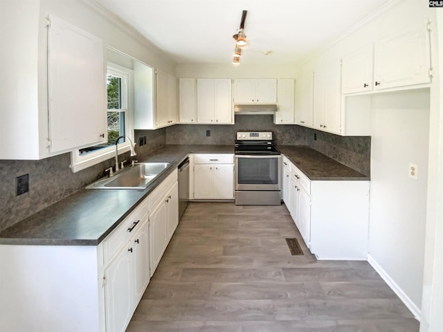 kitchen featuring a sink, stainless steel appliances, dark countertops, and under cabinet range hood