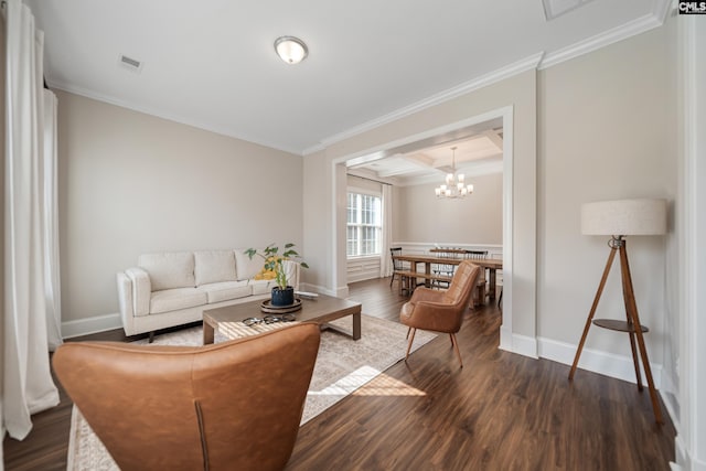 living area with coffered ceiling, crown molding, baseboards, and dark wood-style flooring