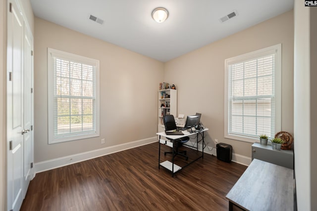 office space featuring visible vents, baseboards, and dark wood-style flooring