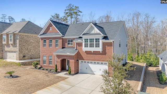 view of front facade with a garage, brick siding, concrete driveway, and a shingled roof