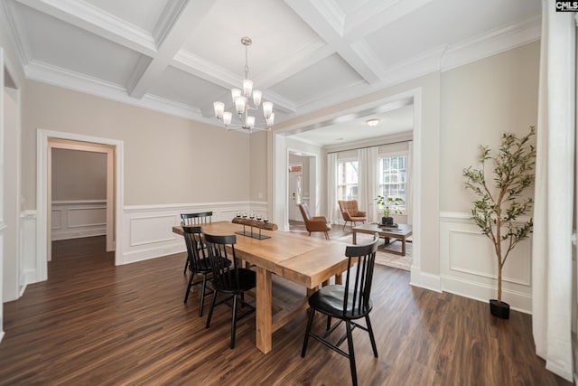 dining room with dark wood finished floors, beamed ceiling, coffered ceiling, and ornamental molding