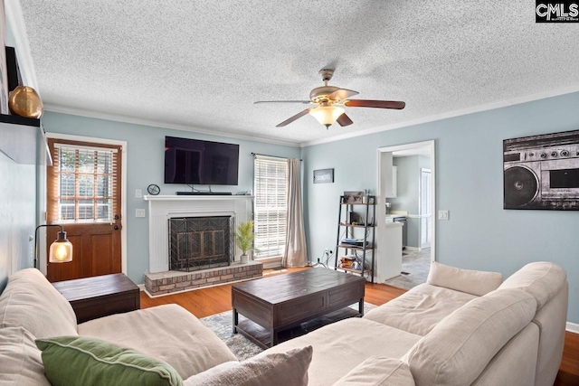 living room with a fireplace, crown molding, plenty of natural light, and wood finished floors