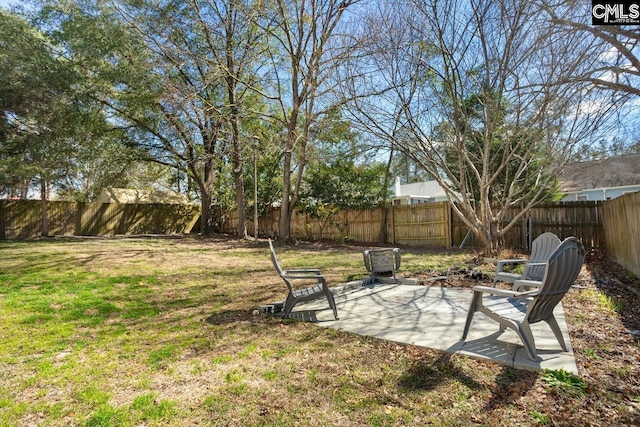 view of yard featuring a patio area and a fenced backyard