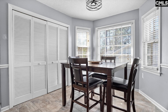 dining room featuring a textured ceiling and baseboards