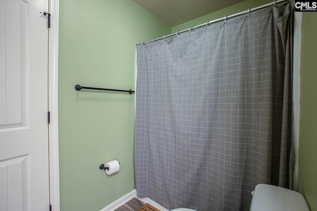 bathroom with toilet, baseboards, and wood finished floors