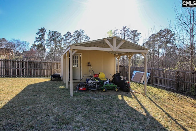 view of outbuilding with an outdoor structure and a fenced backyard