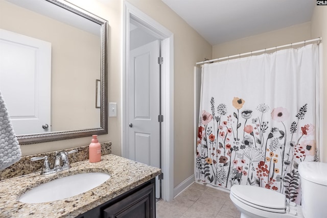 full bathroom featuring vanity, curtained shower, toilet, and tile patterned flooring