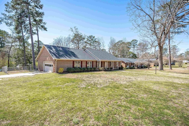 single story home with brick siding, a front lawn, fence, driveway, and an attached garage