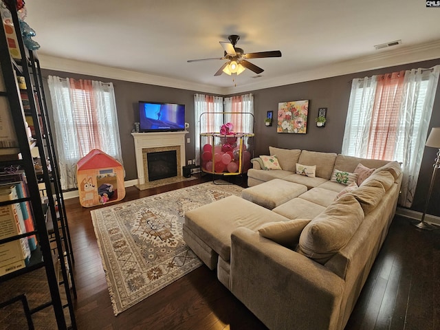 living area featuring visible vents, ceiling fan, a fireplace with flush hearth, ornamental molding, and dark wood-style floors