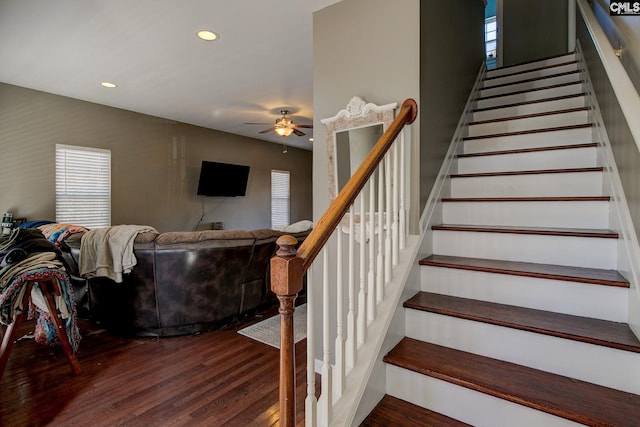 staircase with recessed lighting, wood finished floors, and ceiling fan