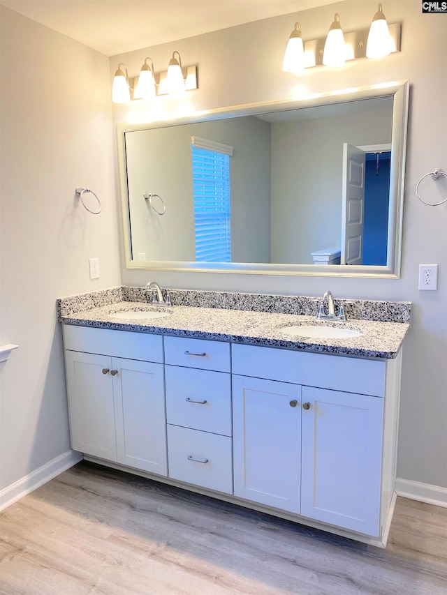 full bathroom with double vanity, wood finished floors, and a sink