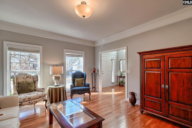 living area featuring light wood finished floors, baseboards, and ornamental molding