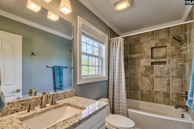 full bathroom featuring toilet, shower / tub combo with curtain, and ornamental molding