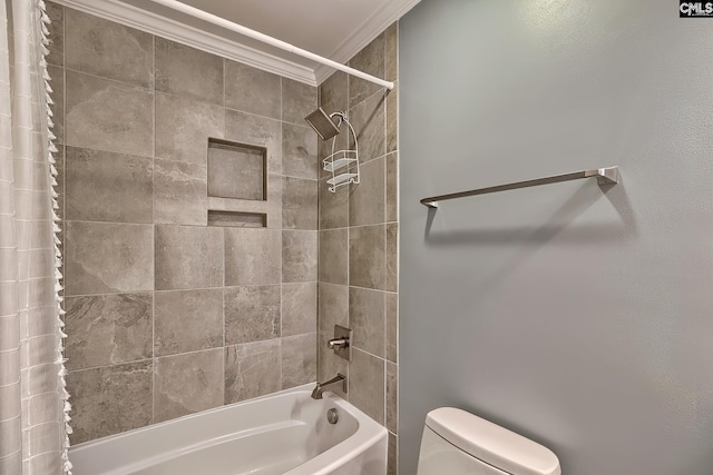 bathroom with toilet, ornamental molding, and shower / bath combination with curtain