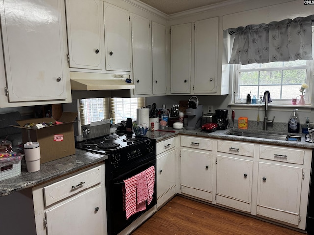 kitchen featuring under cabinet range hood, wood finished floors, white cabinets, black / electric stove, and a sink