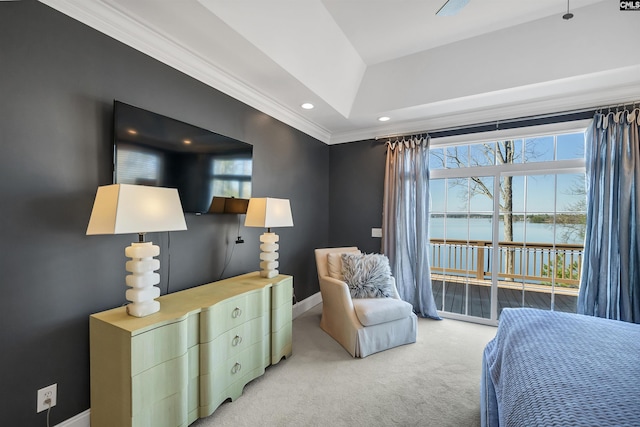 bedroom featuring recessed lighting, light colored carpet, crown molding, and baseboards