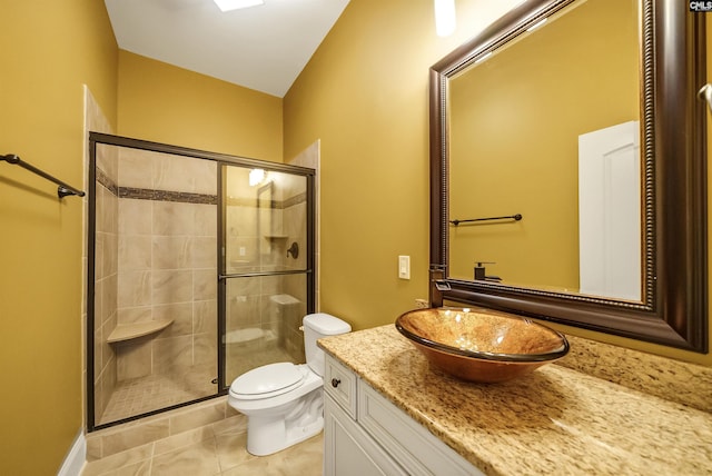 full bath with vanity, a shower stall, toilet, and tile patterned floors