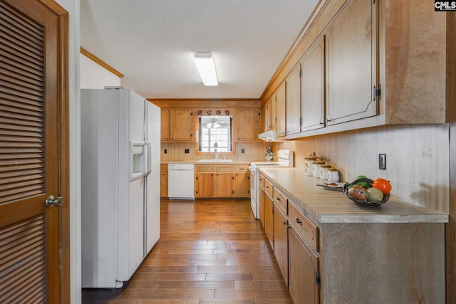 kitchen featuring white appliances, a sink, light countertops, wood-type flooring, and a textured ceiling