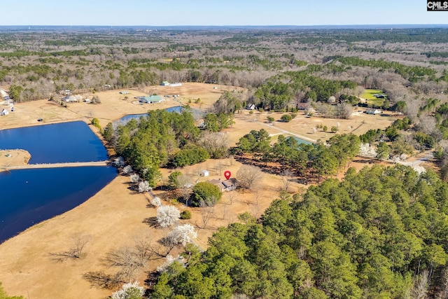 drone / aerial view featuring a wooded view and a water view