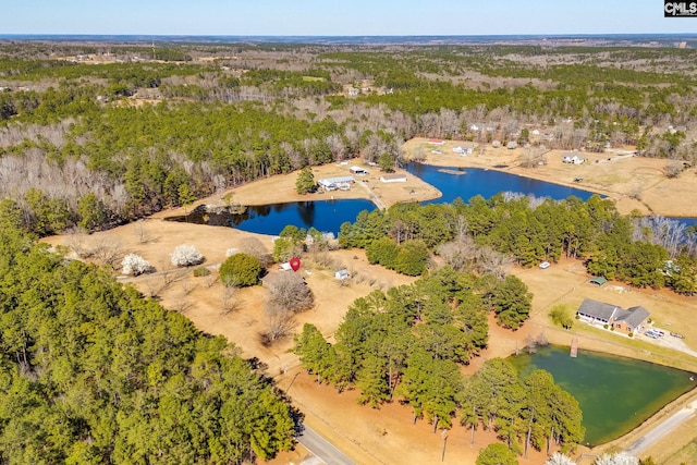 bird's eye view featuring a wooded view and a water view