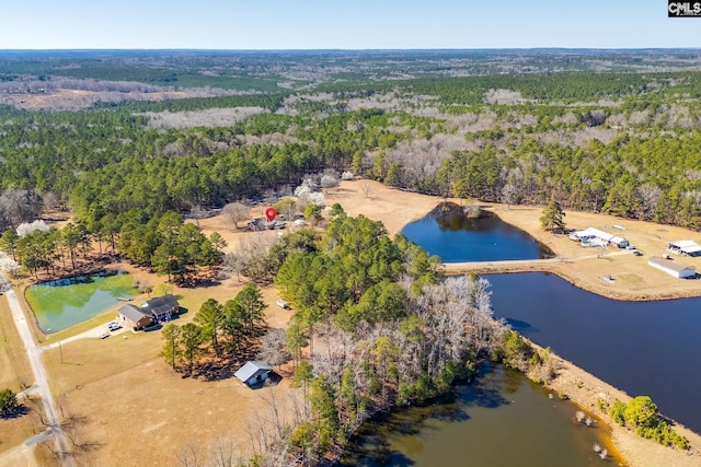 birds eye view of property with a view of trees and a water view