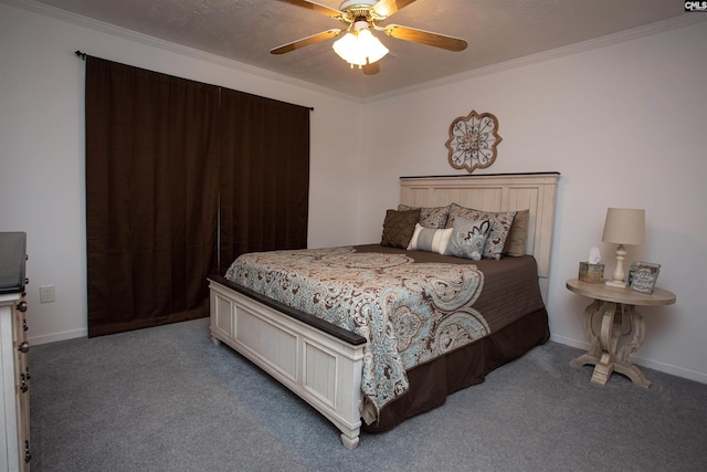 carpeted bedroom with ceiling fan, baseboards, a textured ceiling, and ornamental molding