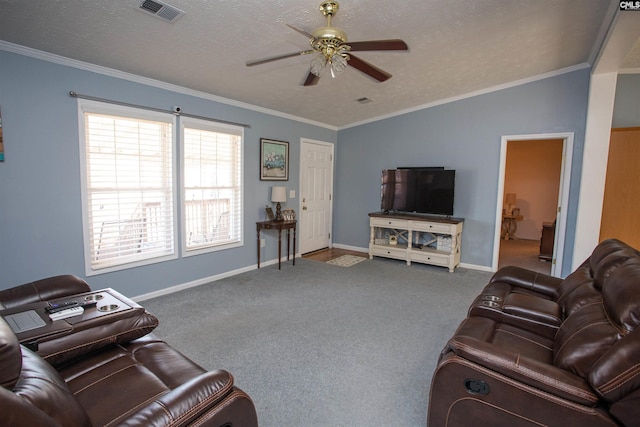 living room with visible vents, carpet floors, ceiling fan, vaulted ceiling, and crown molding