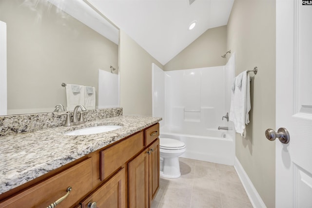 bathroom featuring toilet, vanity, tile patterned flooring, lofted ceiling, and shower / bathtub combination