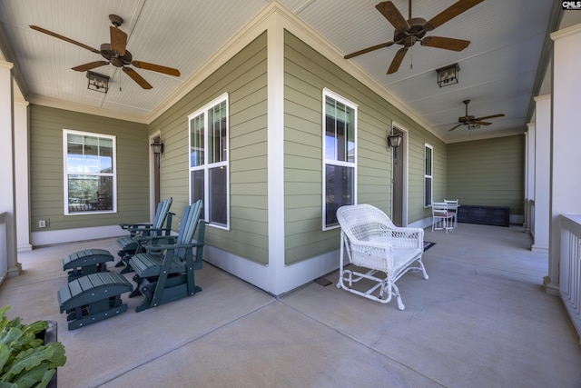 view of patio featuring ceiling fan